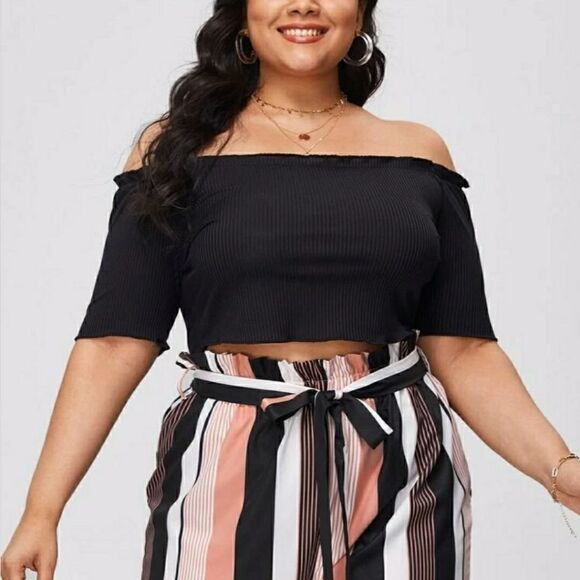 Plus Rib Tee & Striped Straight Pants - Picture 5 of 8